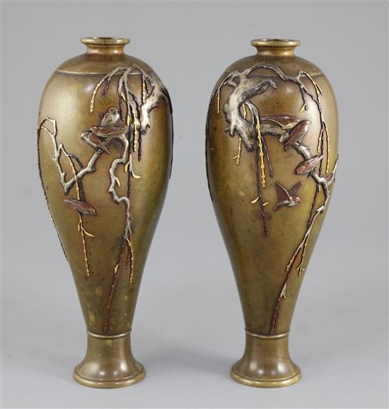 A pair Japanese mixed metal inlaid bronze vases, Meiji period, by Miyabe Atsuyoshi, 21.5cm
